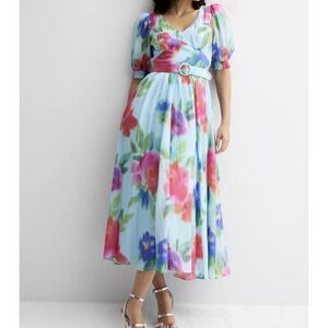 NWT Taylor Puff Sleeve Fit & Flare Maxi Dress 14 Watercolor Rainbow Floral Blue